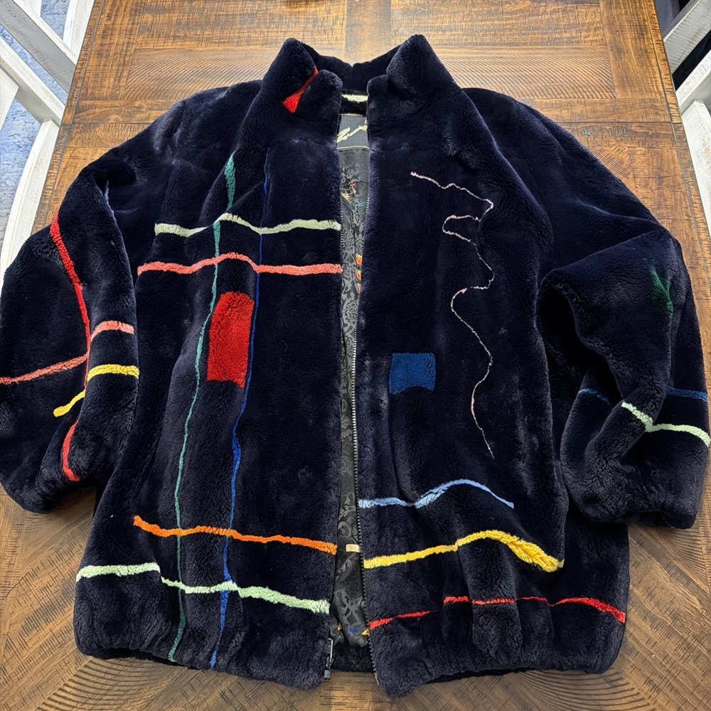 Zuki Custom Sheared Beaver Fur Jacket Rainbow Abstract Black XL Saks Fifth Ave
